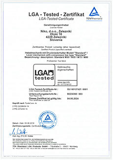 LGA Tested Certificate Niko Lever Mechanism Standard